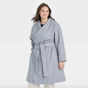 A New Day Womens Knit Wrap Coat Wide Lapel Blue Open Front Knee Length
